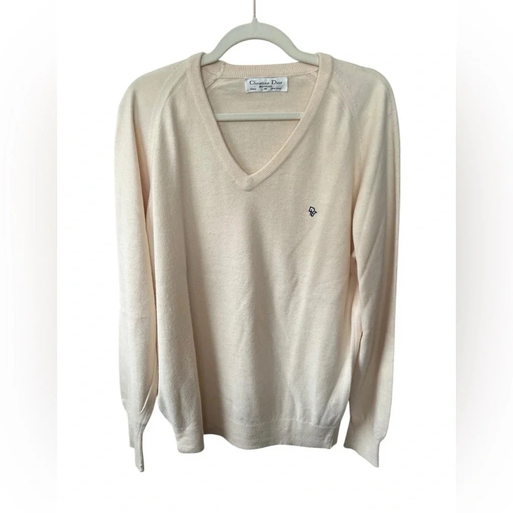 Vintage 80’s Christian Dior Monsieur Cream V-Neck Sweater, Size M